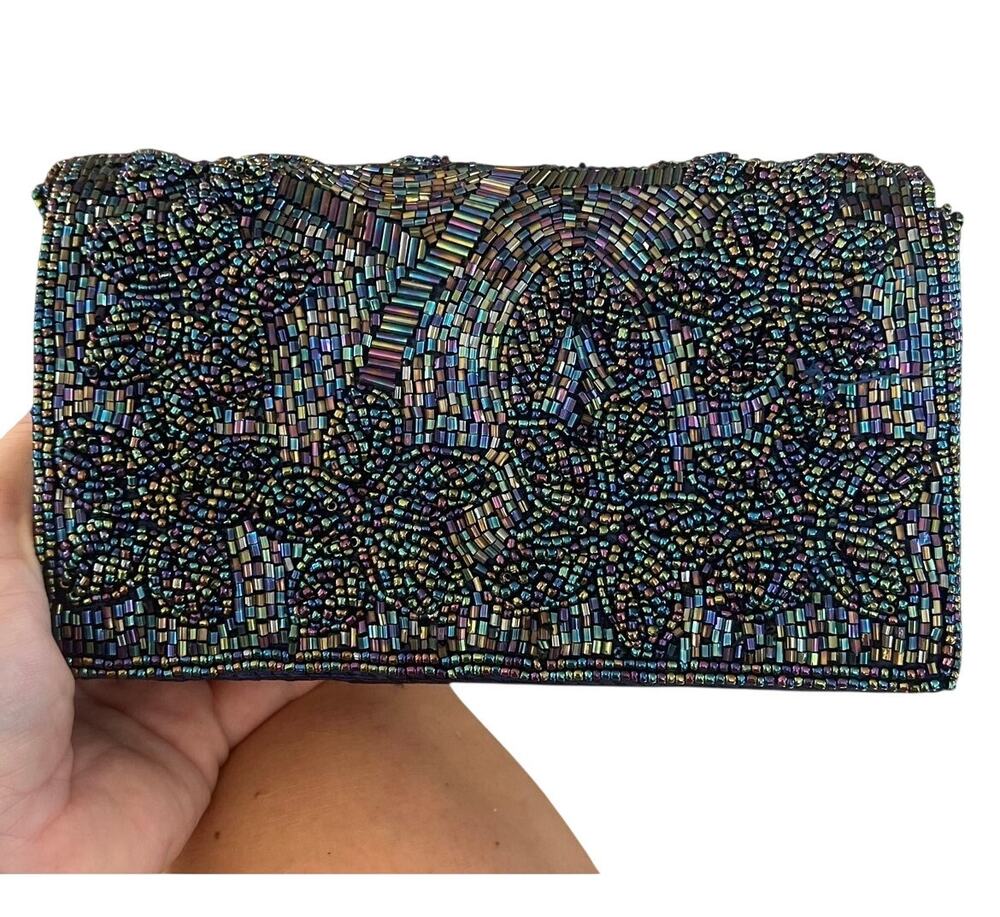 Beaded Clutch Evening Bag Blue Iridescent Peacock Floral Bugle Bead Flap Purse